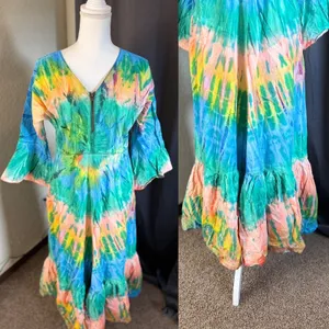 Tie Thai Boho Bell Sleeve Tie Dye Festival Maxi Dress Womens Large Multi-Color thumbnail 7