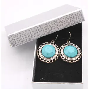 Silver Faux Turquoise Dangle Earrings Ornate Framing Southwest Boho Silver Tone thumbnail 7