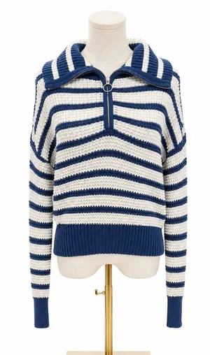 Simply Southern Collection Blue White Striped Quarter Zip Sweater Size Small thumbnail 1