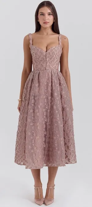 House of CB Lovely French Rose Jacquard Sweetheart Neckline Midi Dress L thumbnail 1