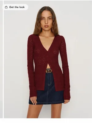 Reformation V- Neck Button Front Pointelle Cardigan Sweater - Burgundy size S thumbnail 2