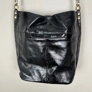 Hobo International Shoulder Bag Black Polished Leather‎ Bucket Brown Piping Trim thumbnail 7
