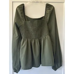 SHEIN olive green blouse draped square neckline bishop sleeves Peasant Top XL/12 thumbnail 5