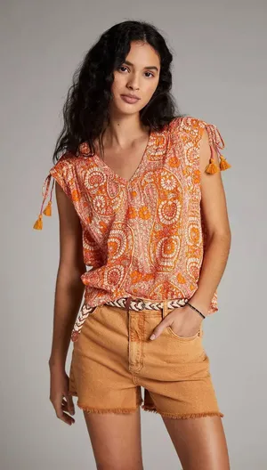 Anthropologie Terra Shirred Orange Paisley Tassel Tie V-Neck Blouse Large thumbnail 1
