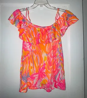 Lilly Pulitzer Pink and Orange Flutter Sleeve Ruffled Blouse thumbnail 1