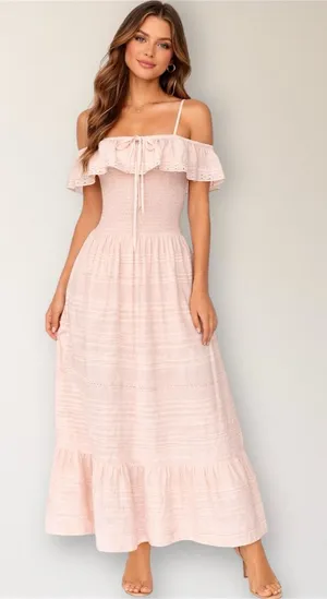 Vineyard Vines Pink Off Shoulder Smocked Ruffle Maxi Dress Coastal Wedding Guest thumbnail 1