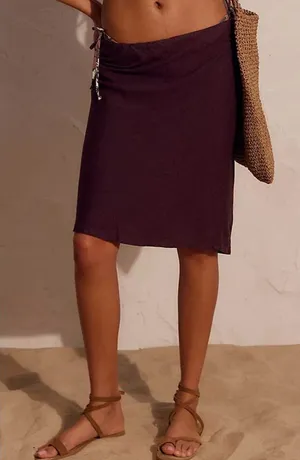 NWT Free People My Little Midi Skirt Dark Burgundy Linen Blend Pull On Sz L thumbnail 1