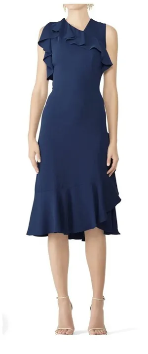 Amanda Uprichard Elegant Navy Blue Ruffle Midi Dress Special Occasion thumbnail 1