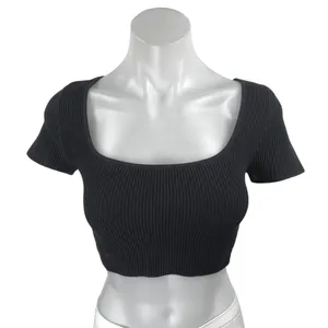 Aritzia Babaton Black Short Sleeve Ribbed Knit Square Neck Tee Crop Top Size S thumbnail 1