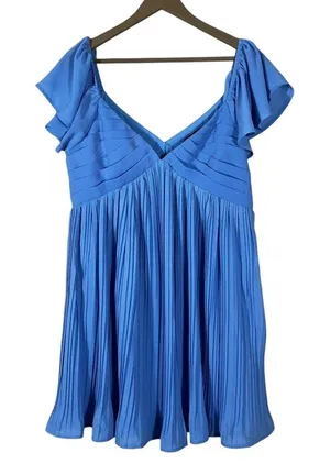 Lulus Pleated Tiered V-Neck Mini Dress Blue Flutter Sleeve Cocktail Size L thumbnail 1