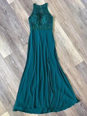 Sherri Hill Teal Beaded Halter Prom Gown with Side Slit thumbnail 3