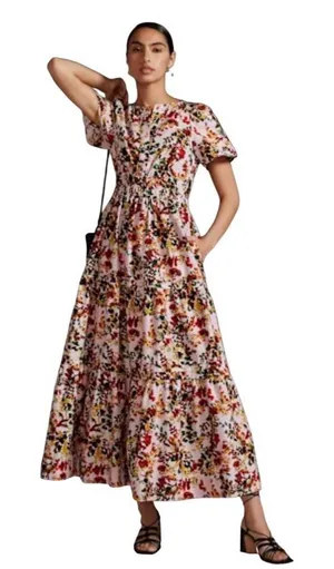 ANTHROPOLOGIE The Somerset Maxi Dress Medium Pink Floral Elastic Waist Size XS thumbnail 1