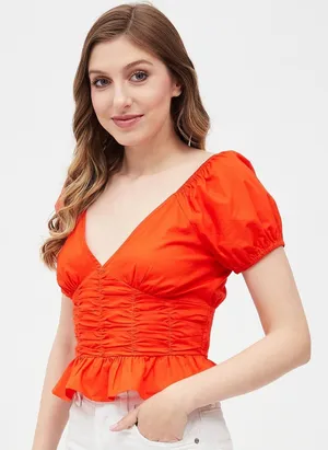 Sim & Sam Paolina Red V-Neck Ruched Peplum Top Open Back Puff Sleeve‎ Cotton XL thumbnail 1
