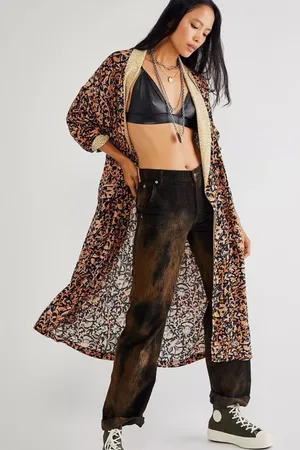 Free People Wild Nights Duster Kimono Black Floral Leopard Combo size Large $168 thumbnail 1