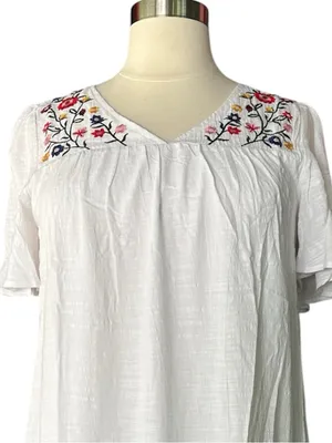 New!Cotton Lined White Gauze V-Neck Embroidered Floral Babydoll Dress Size 2X thumbnail 8