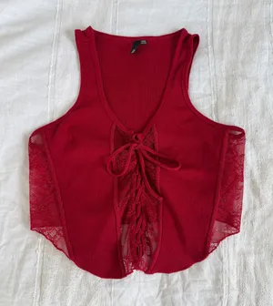 Garage Red Lace-Up Tank Top with Mesh Details thumbnail 1