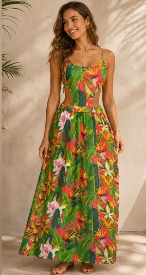 Boohoo Beach Green Tropical Cutout Maxi Dress with Pink & Orange Floral Print thumbnail 1