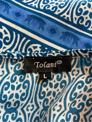 Tolani Blue Silk Medallion Print Boho Tassel Tie Blouse boho Top size large thumbnail 2