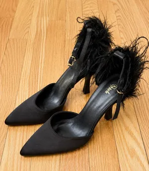 Black Satin Feather Trim Pointed Toe Stiletto Heels Women’s Size EU 38 US 7.5 thumbnail 1