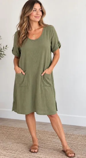 Draper's & Damon's Olive Green Cotton Gauze Pocket Shift Dress XL Lagenlook thumbnail 1