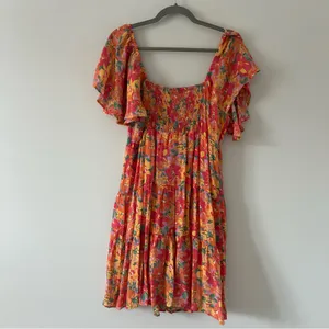 Marissa Olivia Red Orange Floral Flutter Sleeve Peasant Smocked Mini Dress L thumbnail 2