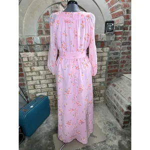 formal dress prom maxi pink floral sheer sleeves pink orange 1970s thumbnail 6