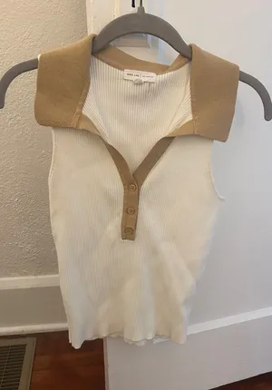 Grey Lab Ribbed Sleeveless Polo Tank Top - Cream with Tan Collar S thumbnail 1