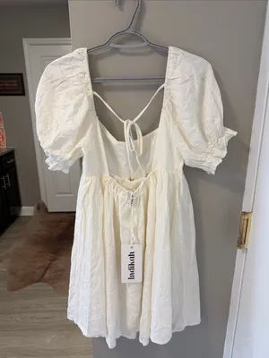 $99 NWT Selfie Leslie X Indikah Macedonia Puff Sleeve Babydoll Dress Cream, S thumbnail 9