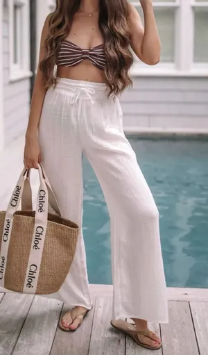 Abercrombie & Fitch Textured Gauze Pull-On Wide Leg Lounge Pants White Small thumbnail 1