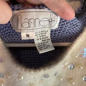 Vintage Nannette Blue Cream pearl Beaded Bib Knit iceskater fairy Sweater Small thumbnail 2