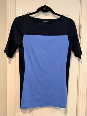 NWOT LRL Lauren Ralph Lauren Size S Blue Colorblock Boat Neck Cuffed Sleeve Top thumbnail 1