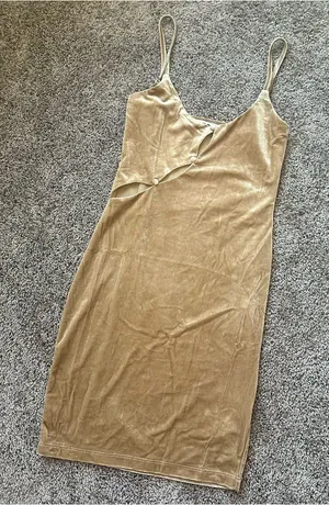 Twist-Front Velvet Slip Mini Dress in Tan thumbnail 1