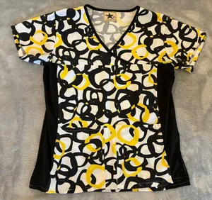 Women’s Black Star Brand Abstract V-Neck Scrub Top - Black & Yellow Size X-Small thumbnail 1