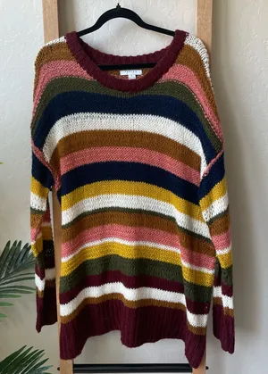 Favlux Multicolor Striped V-Neck Sweater in Burgundy, Navy & Mustard thumbnail 1