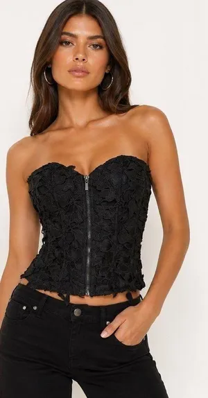 Free People Black Lace Corset Bustier Top Lace-Up Back Boned Structured Strapless Top thumbnail 1