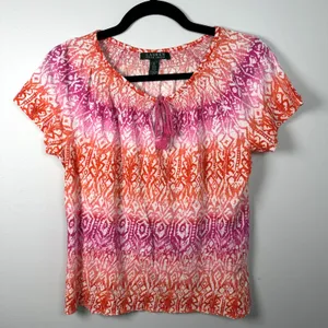Lauren Ralph Lauren Medium Top Womens 100% Cotton Pink Orange Boho Short Sleeve‎ thumbnail 2