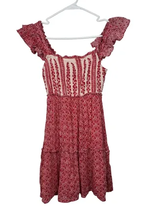 Sim & Sam Mini‎ Dress Womens XS Red Floral Ruffle Smocked Tiered Boho Babydoll thumbnail 1