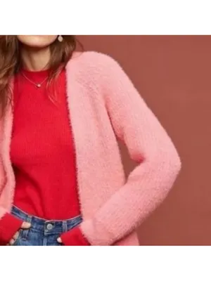 Sleeping On Snow By Anthropologie Pink Ribbed Fuzzy Open Cardigan S thumbnail 3