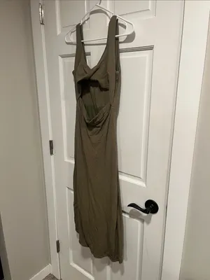 MABLE Cotton Open Front Twist Midi Dress In Olive Size Medium thumbnail 4