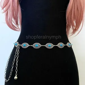 Silver Turquoise Sunburst Concho Chain Belt, Fits 25-44 Inches, X7GA1352 thumbnail 2