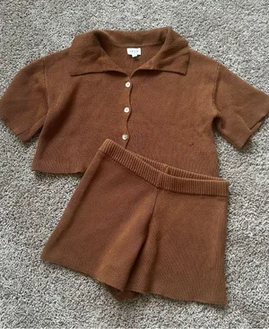 Le Lis Brown Cropped Button-Down Knit Top thumbnail 1