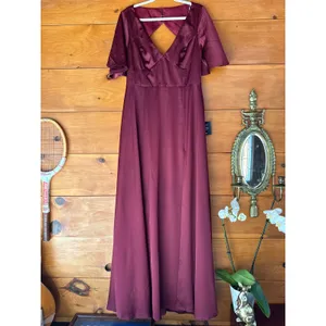 NWT Lulus Elegant Confidence Red Satin Flutter Sleeve Cutout Maxi Dress Size XL thumbnail 2