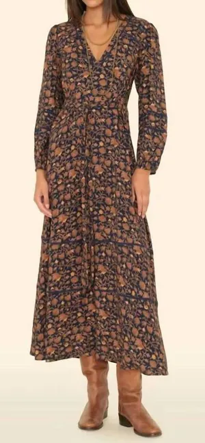 Xirena Charly Midi Dress Floral Long Sleeve Brown & Navy Blue | XL thumbnail 1