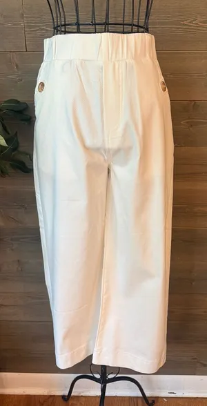 Ladies, white elastic cropped wide leg trousers thumbnail 1