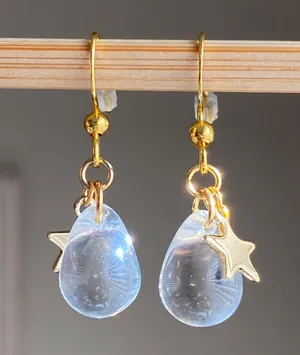 clear Czech glass teardrop & gold stainless star cute dangle earrings 🤍🌟 thumbnail 1