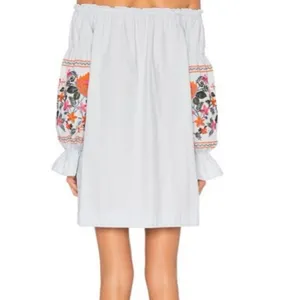 Free People Embroidered Off Shoulder Mini Dress Blue Orange Size S thumbnail 5