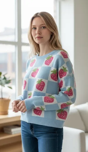 NWT Luna Ivy X Anthropologie Blue Checkered Strawberry Pullover Sweater Farm M thumbnail 1