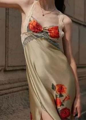 Free People Yellow Satin Floral Slip with Red Rose Accents NEW thumbnail 1