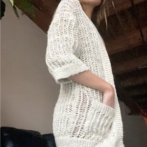 Free People marble tan crochet knit open cardigan quarter sleeve sweater thumbnail 3