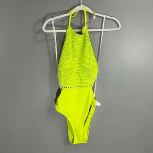 Aerie NWT Neon Green Jacquard Cut Out String One Piece Swimsuit Size Med thumbnail 2